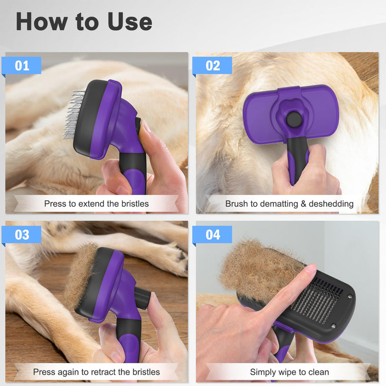 Dipoo Self-Cleaning Pet Grooming Brush - Skin-Friendly Deshedding Tool for Dogs & Cats in Pink, Removes Loose Hair and Tangles