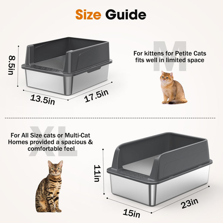 2PACK Stainless Steel Litter Box, Extra Large Litter Boxes for Big Cats, XL Metal Cat Litter Box with Lid High Sides, Anti-Urine Leakage, Non-Sticky, Scoop Included