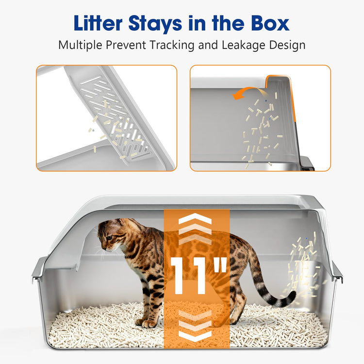 2 Pack XL Stainless Steel Litter Box, Metal Cat Litter Boxes with Lid, High Sided Enclosed Litter Boxes for Big Cat and Multiple Cats, Anti-Urine Leakage | Non-Stick Bottom & Includes Scoop