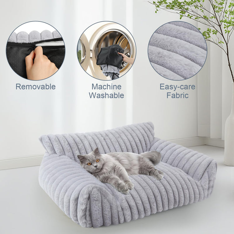 Cute Cat Couch Bed for Indoor Cats, Fluffy Pet Cat Sofa with Premium Soft Corduroy Fleece, Cute Small Dog Beds for Small Dogs, Fuzzy Puppy Chair with Removable Washable Cover (24x18x10,Grey)