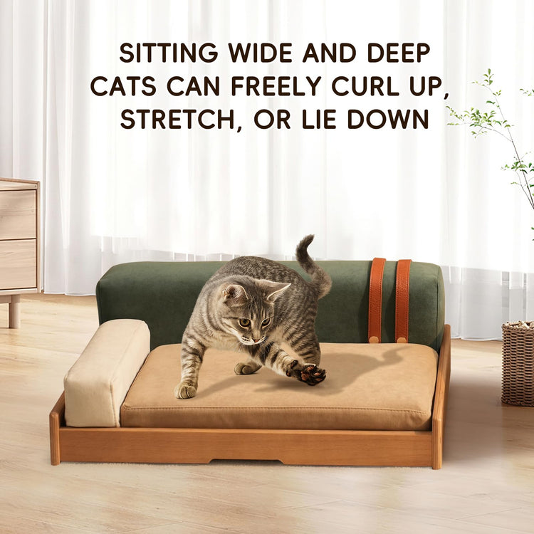 GDFStudio 27.6" Wooden Pet Bed for Cats and Dogs, Oak Veneer Frame with Washable Cushion, Scratch-Resistant Fabric, Elevated Pet Sofa Bed with Hanging Toy and Non-Slip Feet for Medium to Large Pets
