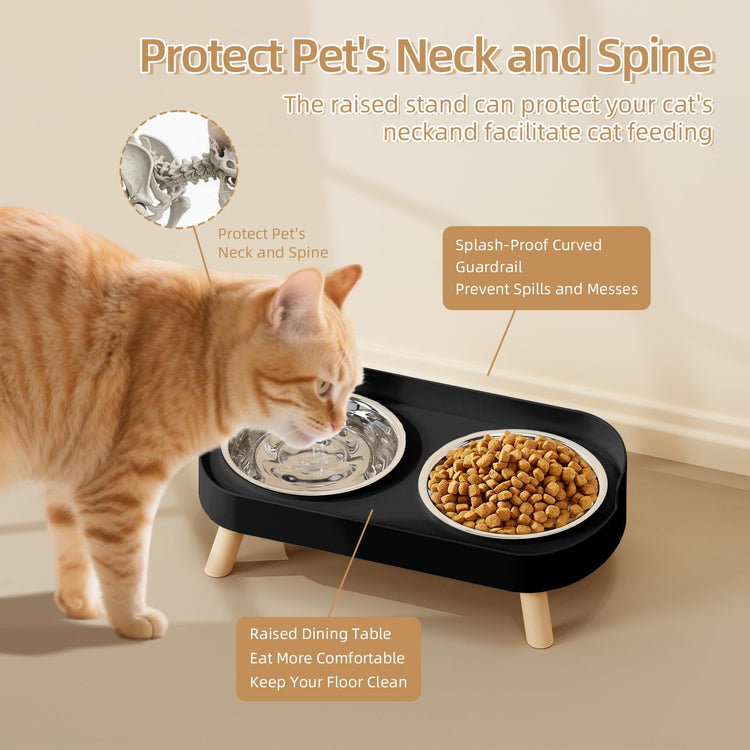 Elevated Cat Bowl, Raised Cat Food and Water Bowl Set for Indoor Cats, Splash Proof with 2 Stainless Steel Pet Food Bowls for Cats and Puppies, Whisker Fatigue and Dishwasher Safe - White