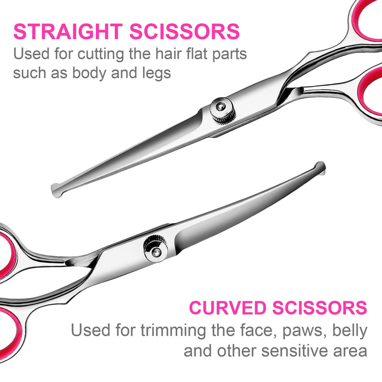 TINMARDA Dog Grooming Kit, Professional Stainless Steel Dog Grooming Scissors with Curved Shears, Pink Finger Rings - 5 Piece Sharp Durable Pet Shears for Dogs Cats At Home Salon-Quality Grooming