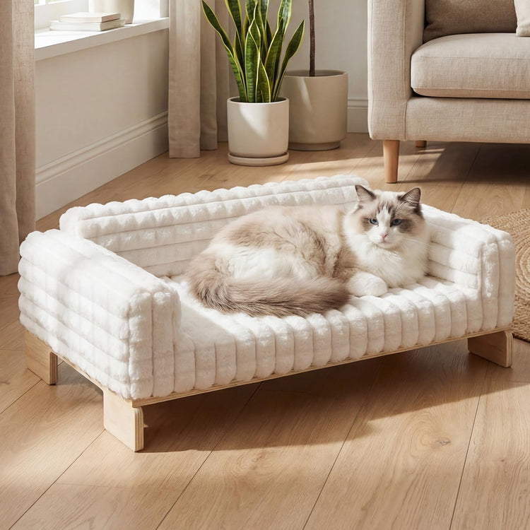 Veehoo Elevated Cat Bed Indoor, Wood Furniture Style Cat Couch Sofa with Removable Washable Cover, Cute & Fluffy Small Cats Bed Furniture for Home