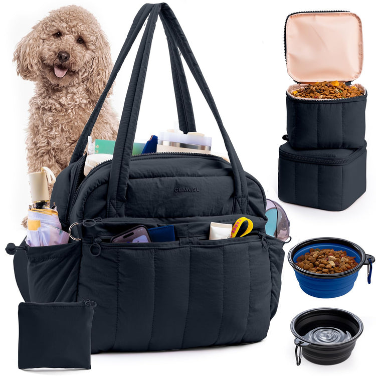 Dog Travel Bag for Supplies, Airline Approved Pet Travel Organizer with 2 Food Containers & Collapsible Bowls, Large Capacity Dogs Tote Bag for Weekend, Stylish Dog Mom Gift for Pet Lovers