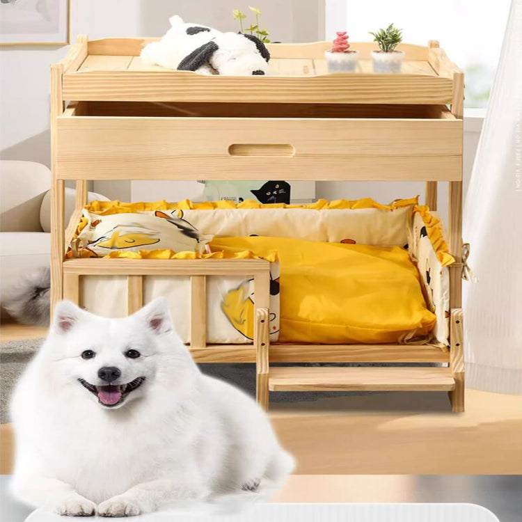 XPLKQXE Cat Dog Wooden Elevated Bed, Pet Couch Furniture Bed, Small Animals Bed with Drawer and Removable Soft Mat Pet Within 30kg, Breathable Indoor Or Outdoor(Black,68x48x73cm)