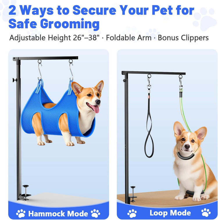 Dog Grooming Arm with Hammock, Adjustable 26"-38" Foldable Grooming Table Arm with Clamp & 2 No-Sit Holders, Heavy Duty for Small & Medium Dogs, Includes Nail Clippers (Table Not Included)