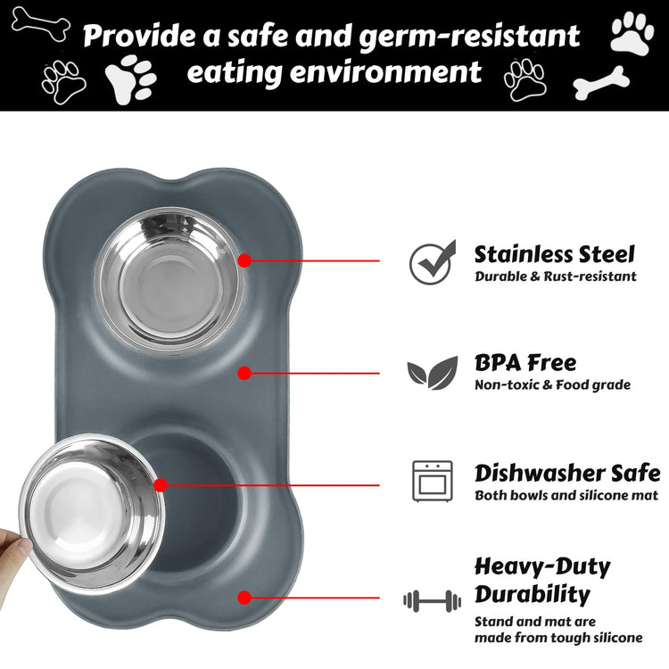 AsFrost Dog Food Bowls Stainless Steel Pet Bowls & Dog Water Bowls with No-Spill and Non-Skid, Feeder Bowls with Dog Bowl Mat for Dogs Cats and Pets-Pink, 24 0z in Total