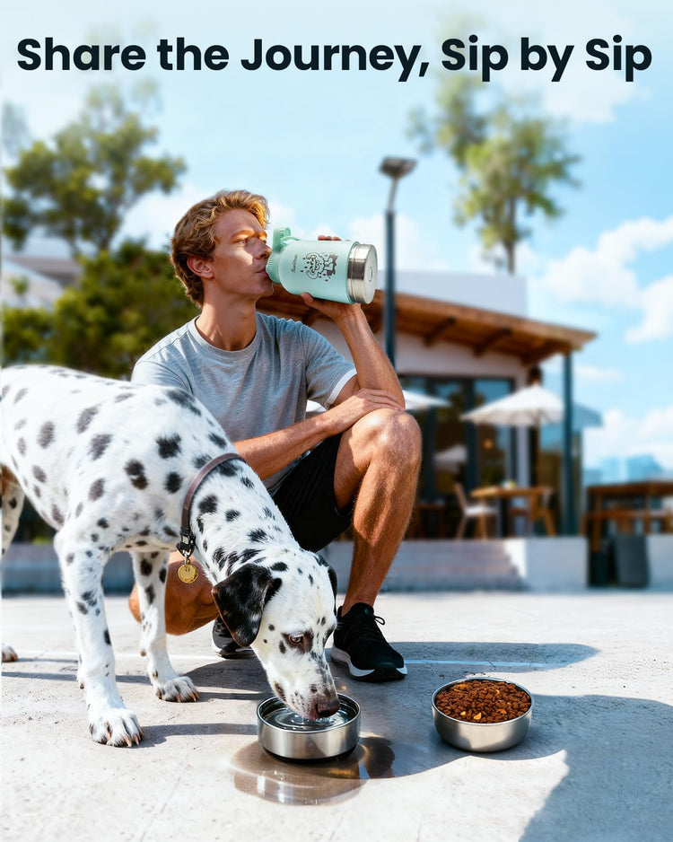 34oz Dog Water Bottle, Stainless Steel Dog Water Bottle Dispenser with Detachable Food & Water Bowls, Keeps Water Hot/Cold, for Walking, Hiking, Camping(Cream)
