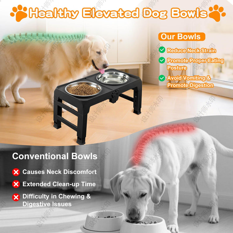 COMESOON Elevated Dog Bowls, 4 Height Adjustable Raised Bowl Stand with 2 Thick 50oz Stainless Steel Food Bowls Non-Slip Feeder Adjusts to 3.7'', 9.2'', 10.75'', 12.36'' Black, (DB-W01)