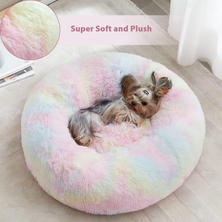 WNPETHOME Calming Dog Bed & Cat Bed, Anti-Anxiety Donut Small Dog Bed, Fluffy Faux Fur Cats Cushion Puppy Bed for Small Pets and Cats (24 x 24 inch, Light Coffee)