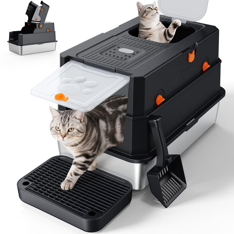 FURTIME Stainless Steel Litter Box with Lid, Large Enclosed Cat Litter Box for Big Cats, Metal Cat Box with High Sided Enclosure & Scoop, Front & Top Entry, Odor Free, Anti-Leakage, Grey