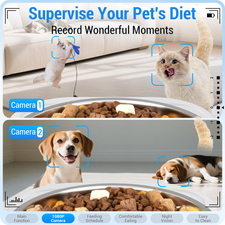 Frienhund Automatic Cat Feeder 2 Cats with Slow Feed: Dual Automatic Dog Feeder with 5G WiFi, Cat Food Dispenser with APP Control for Multiple Pets, Detachable for Easy Clean, Double Pet Bowl - 29 Cup