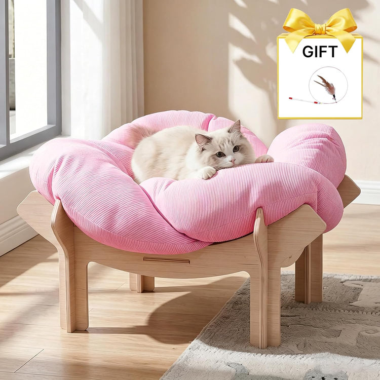 Pet Bed，Large Flower-Shaped Pet Bed for Cats & Small Dogs - Solid Wood Base, Modern Luxury High-Leg Pet Sofa with Removable Mattress, Indoor Lounge, Easy to Assemble, Space-Saving Design