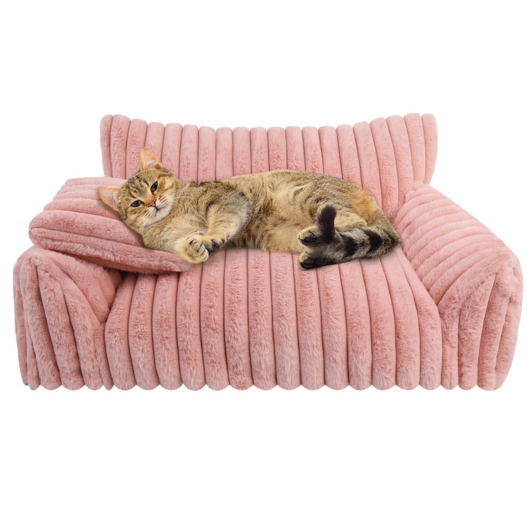 Cute Cat Couch Bed for Indoor Cats, Fluffy Pet Cat Sofa with Premium Soft Corduroy Fleece, Cute Small Dog Beds for Small Dogs, Fuzzy Puppy Chair with Removable Washable Cover (24x18x10,Grey)