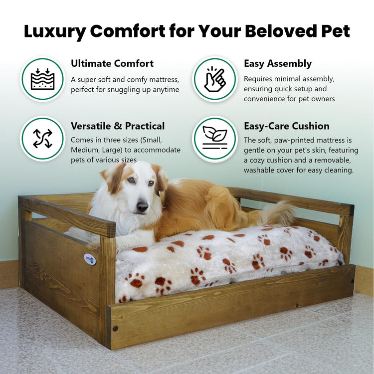 Iconic Pet Sassy Paws Wooden Pet Bed with Paw Printed Comfy Cushion for Dogs & Cats in Varying Sizes & Colors, Small-Rustic Brown