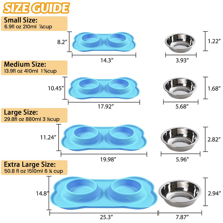 Hubulk Pet Dog Bowls 2 Stainless Steel Dog Bowl with No Spill Non-Skid Silicone Mat + Pet Food Scoop Water and Food Feeder Bowls for Feeding Small Medium Large Dogs Cats Puppies (Small, Blue)
