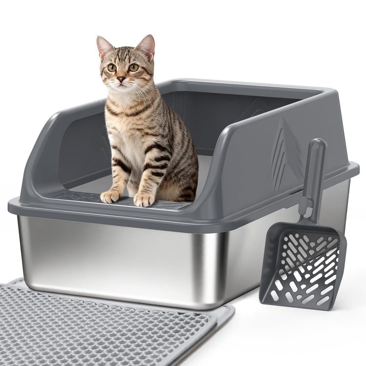 2 Pack XL Stainless Steel Litter Box, Metal Cat Litter Boxes with Lid, High Sided Enclosed Litter Boxes for Big Cat and Multiple Cats, Anti-Urine Leakage | Non-Stick Bottom & Includes Scoop