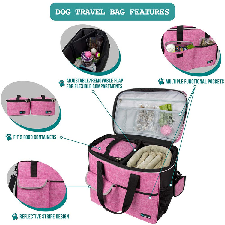 PetAmi Dog Travel Bag Organizer, Pet Travel Kit with 2 Food Containers & 2 Collapsible Dog Bowls, Pet Supplies Tote with Luggage Sleeve, Weekend Road Trip Camping Essentials, Dark Gray, Medium