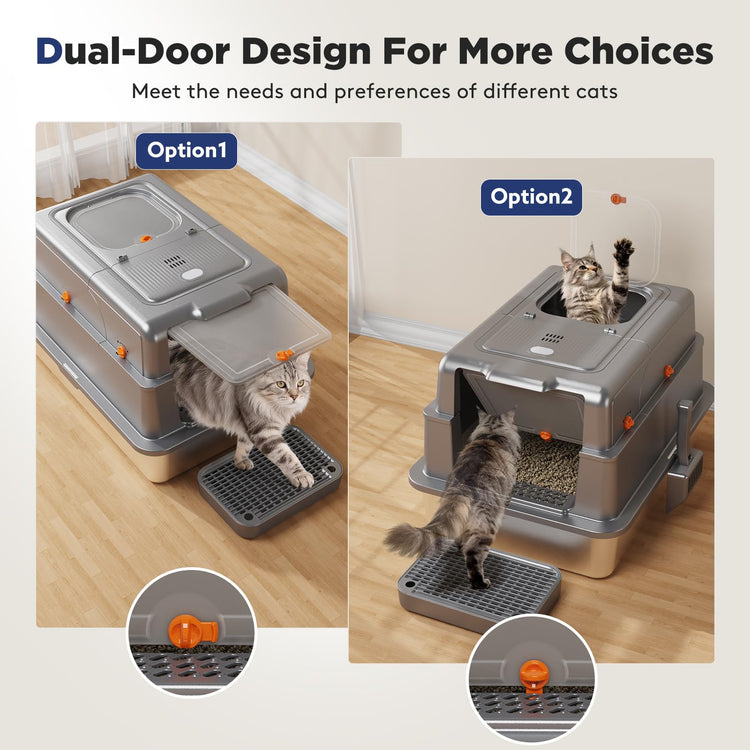 FURTIME Stainless Steel Litter Box with Lid, Large Enclosed Cat Litter Box for Big Cats, Metal Cat Box with High Sided Enclosure & Scoop, Front & Top Entry, Odor Free, Anti-Leakage, Grey