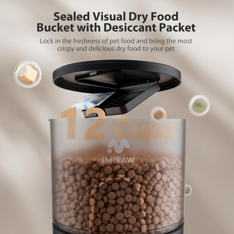 IMIPAW Automatic Cat Feeders, Timed Cat Dry Food Dispenser with Desiccant Bag, Dual Power Supply, Programmable Portion Size, 6 Meals, 20 Portions Per Day, Auto Pet Feeder for Cats and Small Dog, White