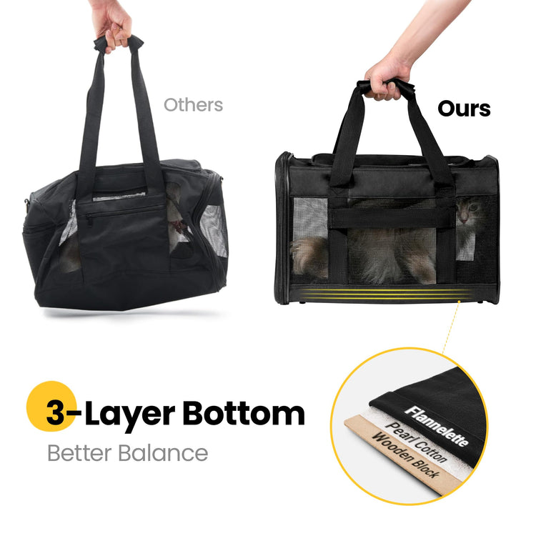 Conlun Cat Carrier Airline Approved, Soft-Sided Dog Carrier with Inner Safety Leash, Pet Transport Carrier for Small-Medium Cats Puppies up to 15 Lbs, Collapsible Travel Kitten Carrier Bag -BlackM