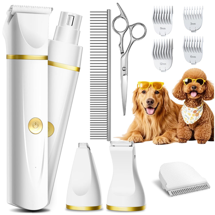 unibono Dog Grooming Kit with Paw Trimmer, All-in-One Low Noise Electric Rechargeable Small Quiet Pet Clippers Foot Dog Hair Shaver with Stainless Steel Scissors and Comb for Dogs at Home (Green)