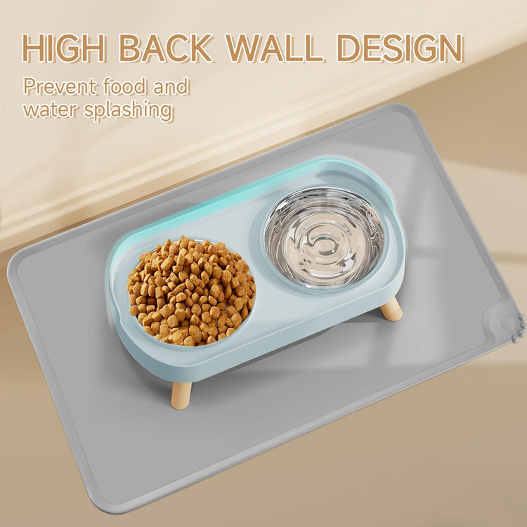 Elevated Cat Bowl, Raised Cat Food and Water Bowl Set for Indoor Cats, Splash Proof with 2 Stainless Steel Pet Food Bowls for Cats and Puppies, Whisker Fatigue and Dishwasher Safe - White