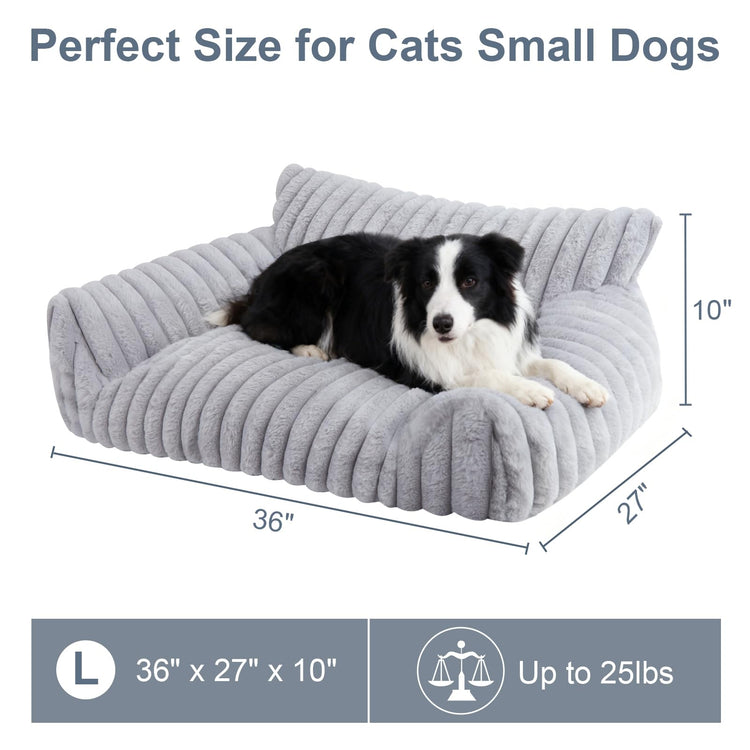 Cute Cat Couch Bed for Indoor Cats, Fluffy Pet Cat Sofa with Premium Soft Corduroy Fleece, Cute Small Dog Beds for Small Dogs, Fuzzy Puppy Chair with Removable Washable Cover (24x18x10,Grey)