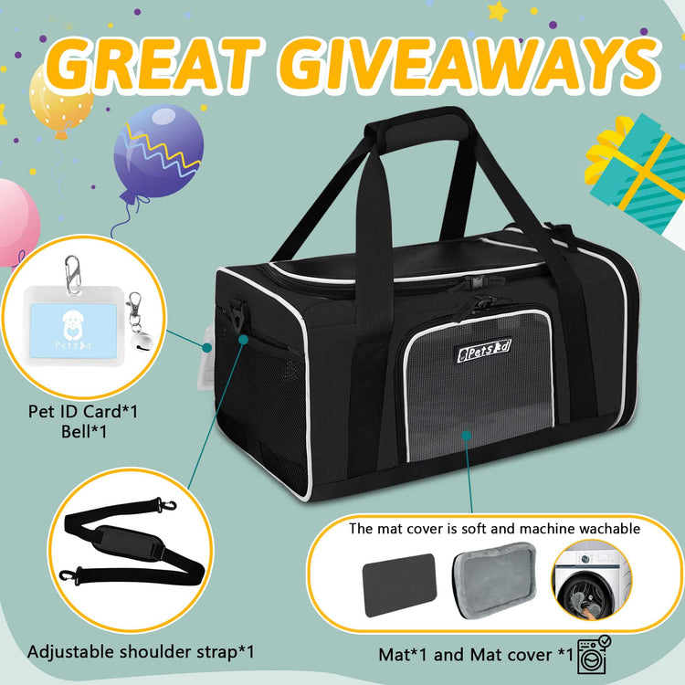 Petskd Pet Carrier 17x11x9.5 Alaska Airline Approved,Pet Travel Carrier Bag for Small Cats and Dogs, Soft Dog Carrier for 1-10 LBS Pets,Dog Cat Carrier with Safety Lock Zipper(Black)