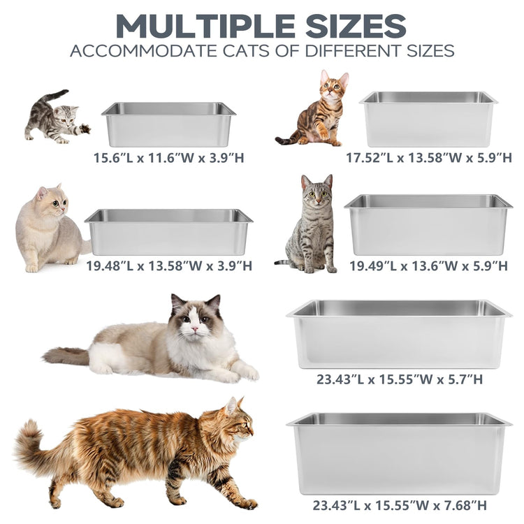 Kirecoo Stainless Steel Cat Litter Box - Metal High Sided Cat Pan, Large Stainless Steel Box, Indoor Litter Tray, Non Stick, No Smell, Easy to Clean, Pet Toilet Supplies for Kitten, Kitty, Rabbit