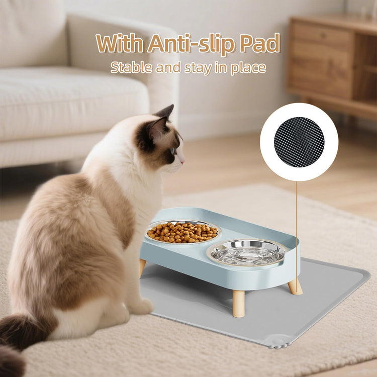 Elevated Cat Bowl, Raised Cat Food and Water Bowl Set for Indoor Cats, Splash Proof with 2 Stainless Steel Pet Food Bowls for Cats and Puppies, Whisker Fatigue and Dishwasher Safe - White