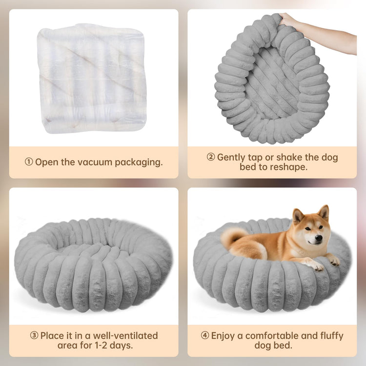 Donut Dog and Cat Bed, Luxurious Comfortable Faux Rabbit Fur Pet Beds, Round Anti-Anxiety Calming Puppy Kitten Bed with Anti-Slip Bottom for Small Medium Dogs & Cats(28", White)