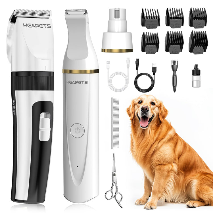 HEAPETS Dog Hair Clippers for Grooming Kit and Dog Paw Trimmer Nail Grinder for Grooming, Low Noise Rechargeable Cordless, Shaver Grooming Supplies for Pet Cats Dogs (Black, White)