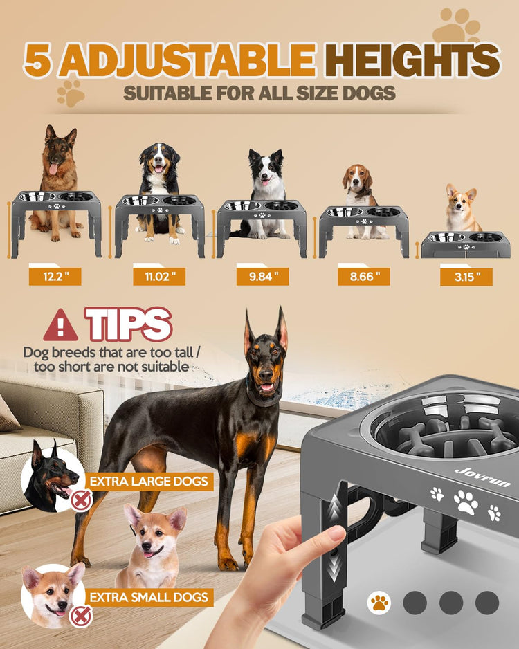 Jovrun Elevated Dog Bowls for Medium Large Size Dogs, Non-Slip Dog Feeder with 1*Stainless Steel Dishes & 1*Slow Feeder Bowl, 5 Heights Adjustable Raised Bowls to 3.15″-8.66″-9.84″-11.02″-12.2″