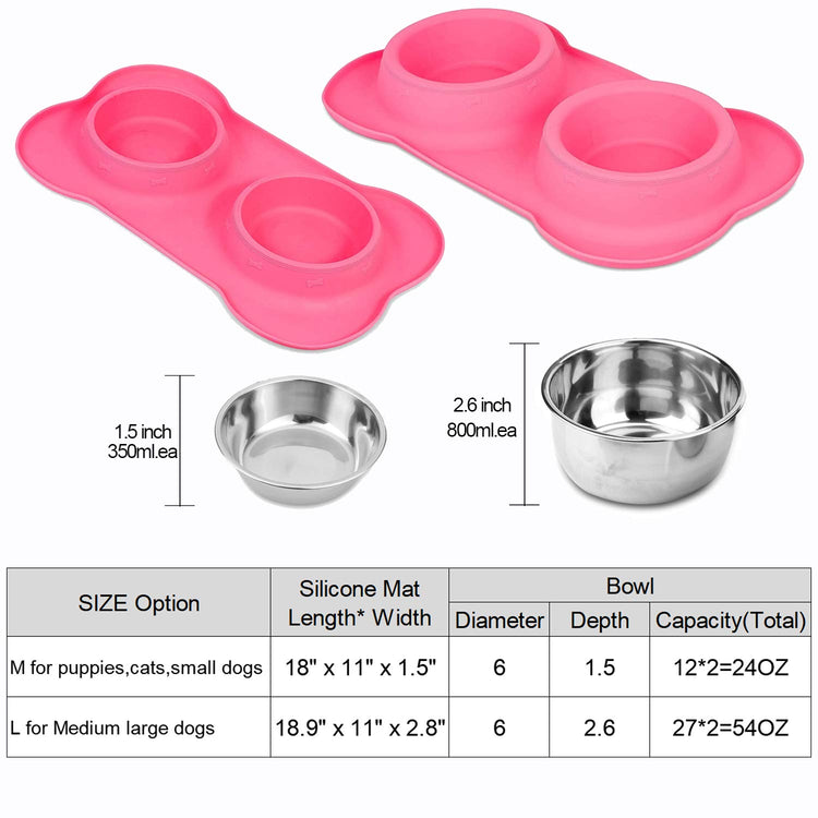 AsFrost Dog Food Bowls Stainless Steel Pet Bowls & Dog Water Bowls with No-Spill and Non-Skid, Feeder Bowls with Dog Bowl Mat for Dogs Cats and Pets-Pink, 24 0z in Total