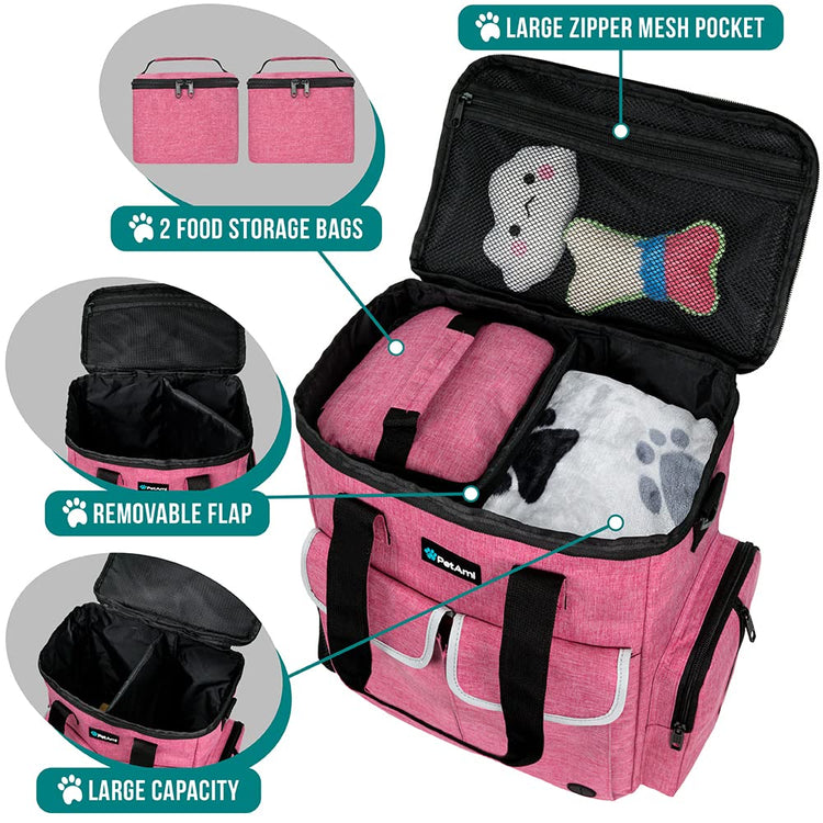 PetAmi Dog Travel Bag Pet Supplies Accessories Organizer for Traveling, Camping, Weekend; Cat Pet Travel Bag Kit Includes 2 Food Storage Containers, 2 Collapsible Bowls, 1 Feeding Mat (Purple)