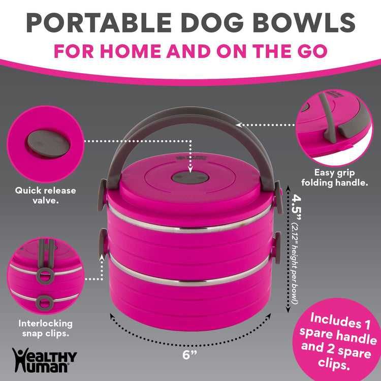 Healthy Human Travel Pet Bento Bowls - Human-Grade Stainless Steel & BPA-Free, Leak-Proof Water & Food Container Set for Dogs & Cats, 4-Pack Interlocking Bowls, Includes Spare Clips & Handle (Pink)