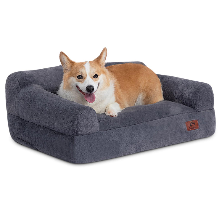 Hollypet Fluffy Dog Cat Bed Pet Couch Beds Plush Soft Warming Machine Washable Puppy Bed with Non-Slip Bottom for Cats and Small Medium Dogs up to 25 lbs, Gray, 24" L x 18" W x 10" Th