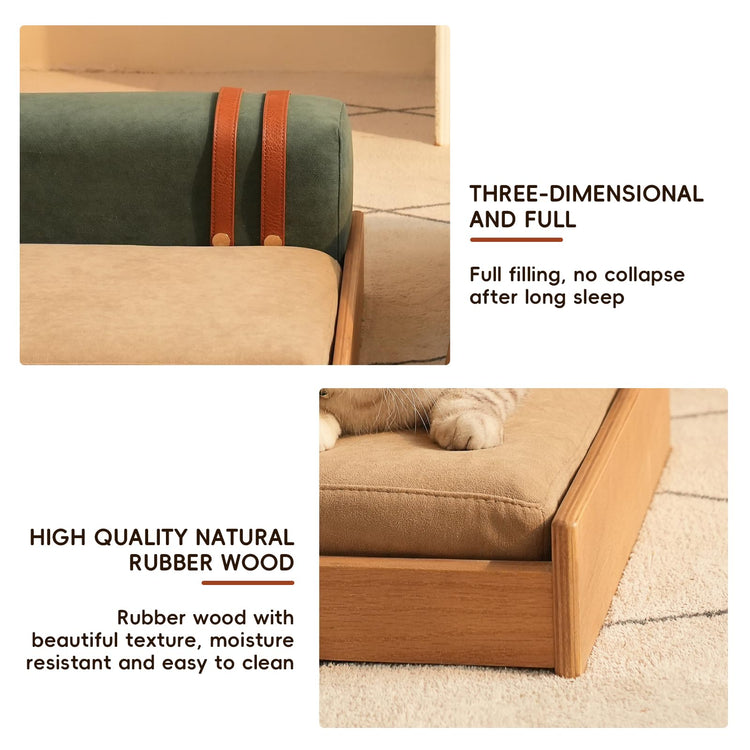 GDFStudio 27.6" Wooden Pet Bed for Cats and Dogs, Oak Veneer Frame with Washable Cushion, Scratch-Resistant Fabric, Elevated Pet Sofa Bed with Hanging Toy and Non-Slip Feet for Medium to Large Pets