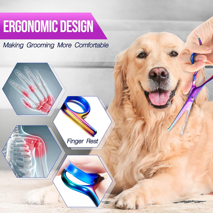 Gimars Titanium Coated Professional 6 in 1 4CR Stainless Steel Dog Grooming Scissors with Safety Round Tip, Heavy Duty Pet Grooming Scissor for Dogs, Cats and Other Animals