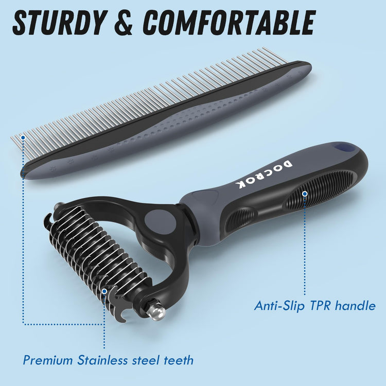 Docrok Pet Grooming Combo - Blue Deshedding Brush with Metal Comb for Detangling and Dematting Long, Matted Fur on Cats and Dogs