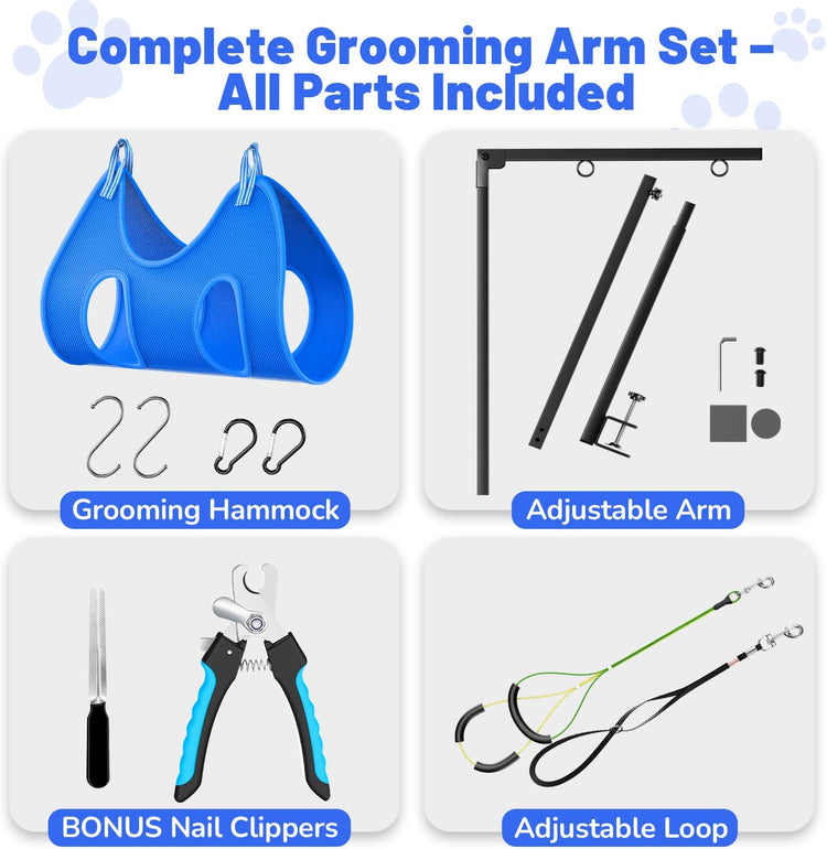 Dog Grooming Arm with Hammock, Adjustable 26"-38" Foldable Grooming Table Arm with Clamp & 2 No-Sit Holders, Heavy Duty for Small & Medium Dogs, Includes Nail Clippers (Table Not Included)
