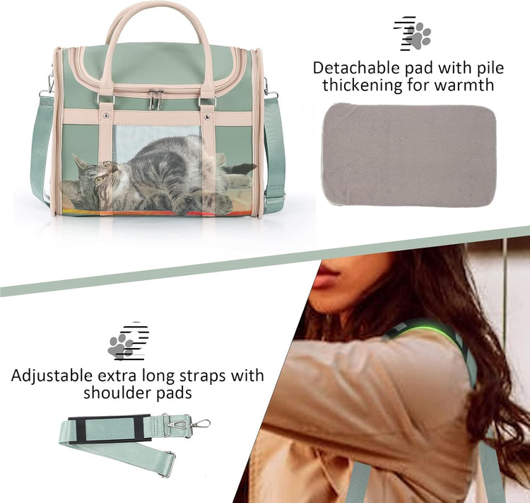 Luxury Mint Green PU Leather Pet Carrier Bag, Airline Compliant Portable Travel Crate with Breathable Mesh Panels & Shoulder Strap for Cats Small Dogs Travel & Vet Use