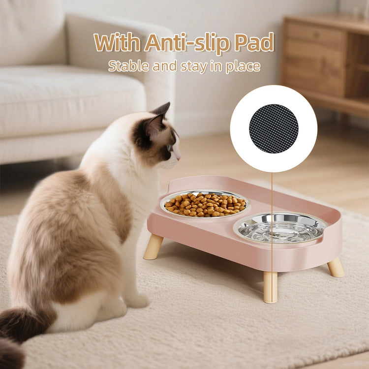 Elevated Cat Bowl, Raised Cat Food and Water Bowl Set for Indoor Cats, Splash Proof with 2 Stainless Steel Pet Food Bowls for Cats and Puppies, Whisker Fatigue and Dishwasher Safe - White