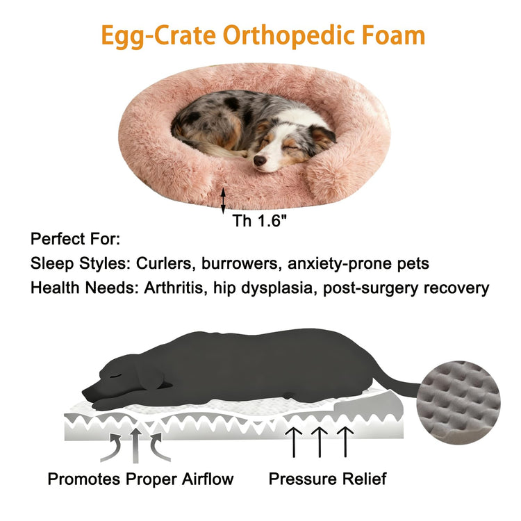 Orthopedic Dog Bed with Egg-Crate Base, Calming Dog & Cat Beds Long Plush with Raised Edges, Spine Friendly Pet Sleeping Mat for Small Medium Dogs, Machine Washable (Oval, Beige 26"x20")