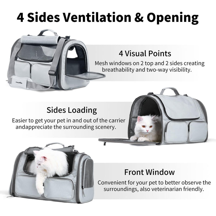 FUKUMARU Cat Carrier, Soft-Sided Small Dog Carrier, Large Cat Travel Bag with 4 Mesh Windows, Under 15 lb Airline Approved Pet Carrier with 4 Storage Pockets, Rollable Cover for Nervous Cats, Grey