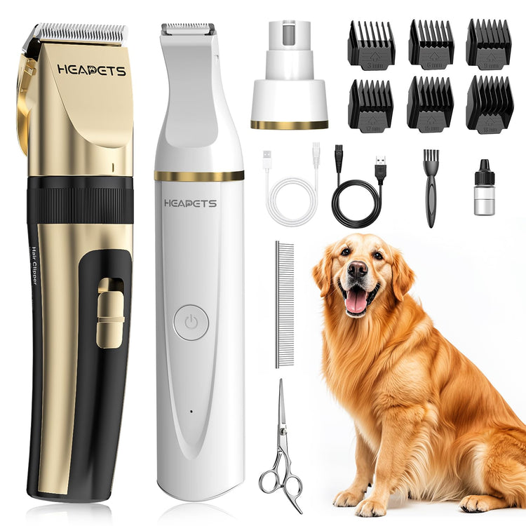 HEAPETS Dog Hair Clippers for Grooming Kit and Dog Paw Trimmer Nail Grinder for Grooming, Low Noise Rechargeable Cordless, Shaver Grooming Supplies for Pet Cats Dogs (Black, White)