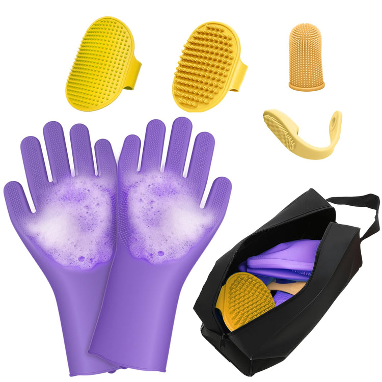 7PCS Pet Grooming Kit for Dogs and Cats，with Storage Bag & Includes Dog Washing Gloveswith High-Density Teeth, Adjustable Handle Dog Shampoo Brush, Dog Finger Toothbrush (Gray)