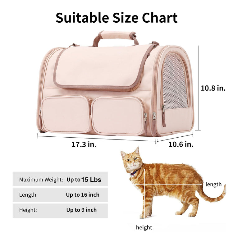 FUKUMARU Cat Carrier, Soft-Sided Small Dog Carrier, Large Cat Travel Bag with 4 Mesh Windows, Under 15 lb Airline Approved Pet Carrier with 4 Storage Pockets, Rollable Cover for Nervous Cats, Grey